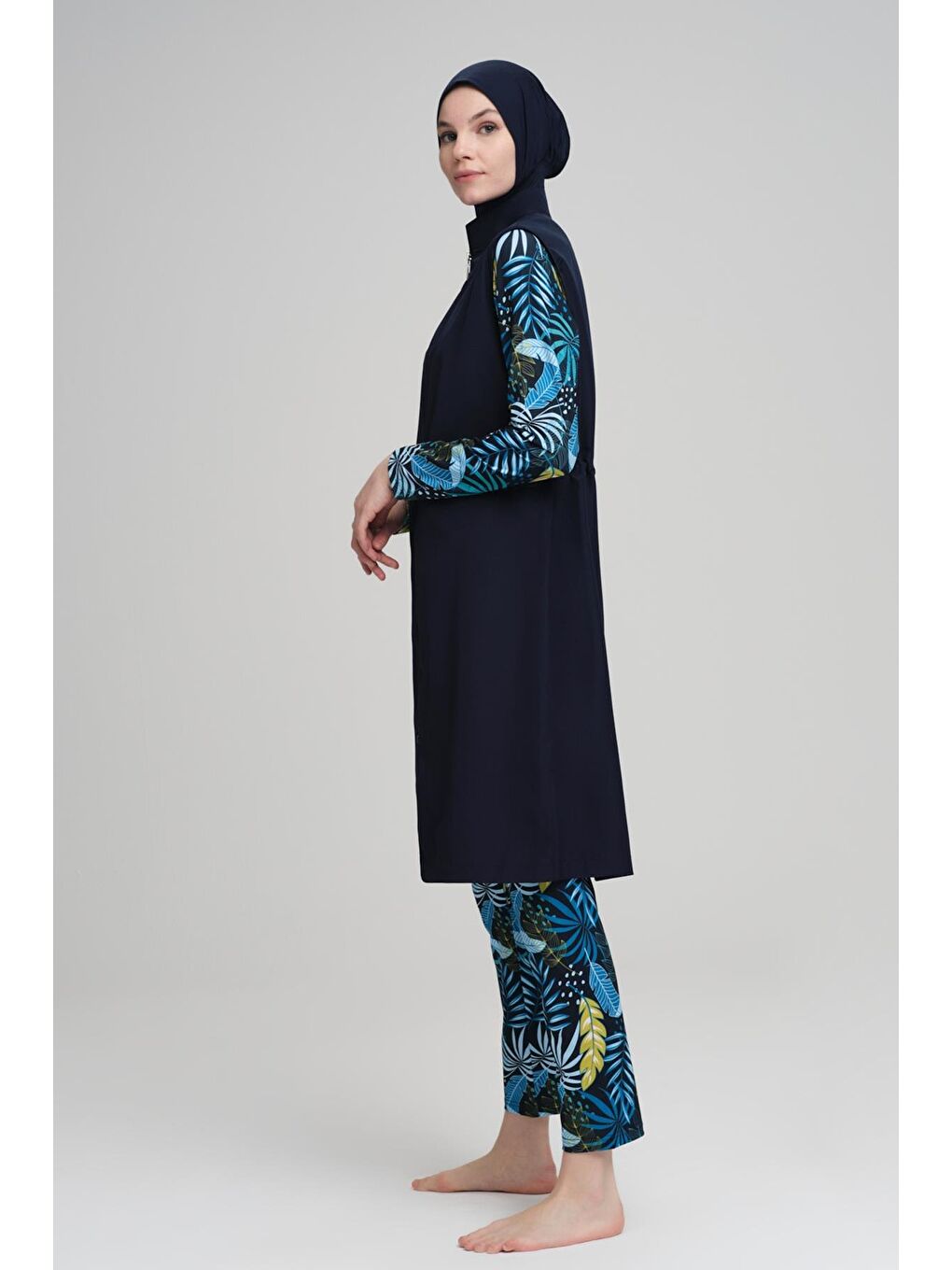 Manolya Yaprak Desen Lacivert Jileli 3 Parça Tam Tesettür Mayo Takımı 2228-2