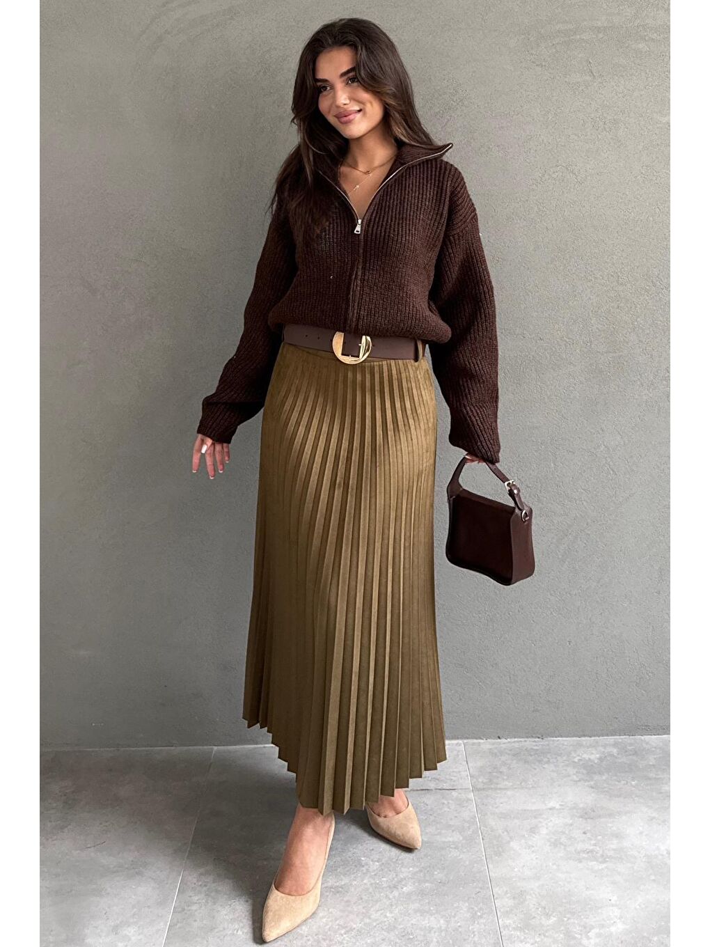 Haki Pileli Kemerli Uzun Süet Kadın Etek Mg2576-1