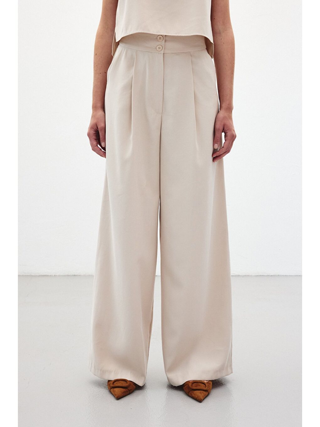 Bej Geniş Paça Pantolon - Taş-4