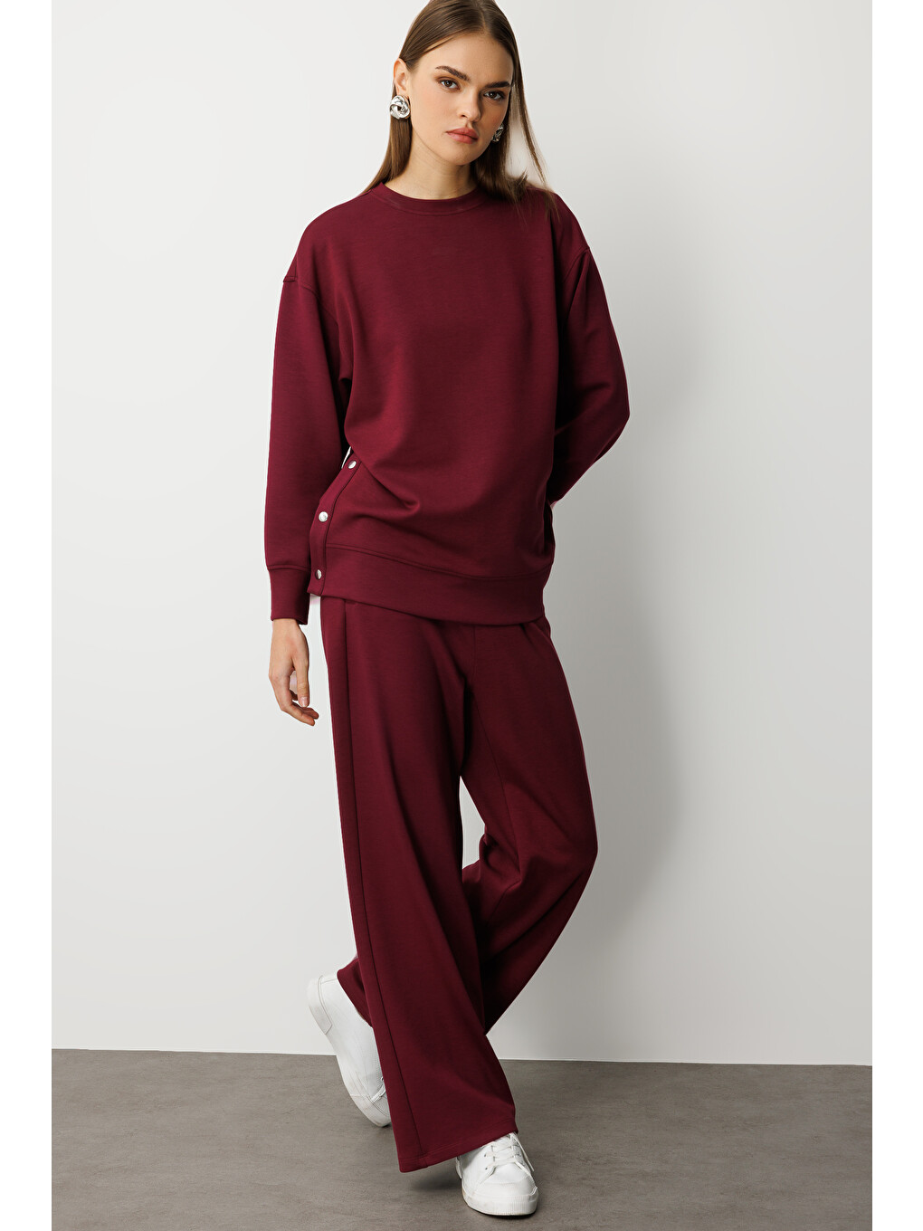 Çıtçıtlı Yumuşak Dokulu Mürdüm Spor Tunik-1