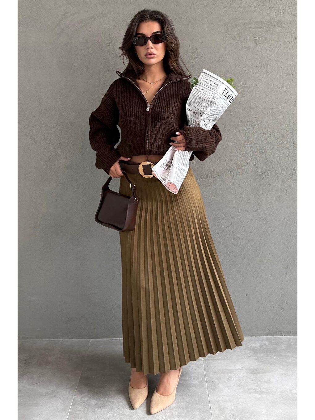 Haki Pileli Kemerli Uzun Süet Kadın Etek Mg2576-2