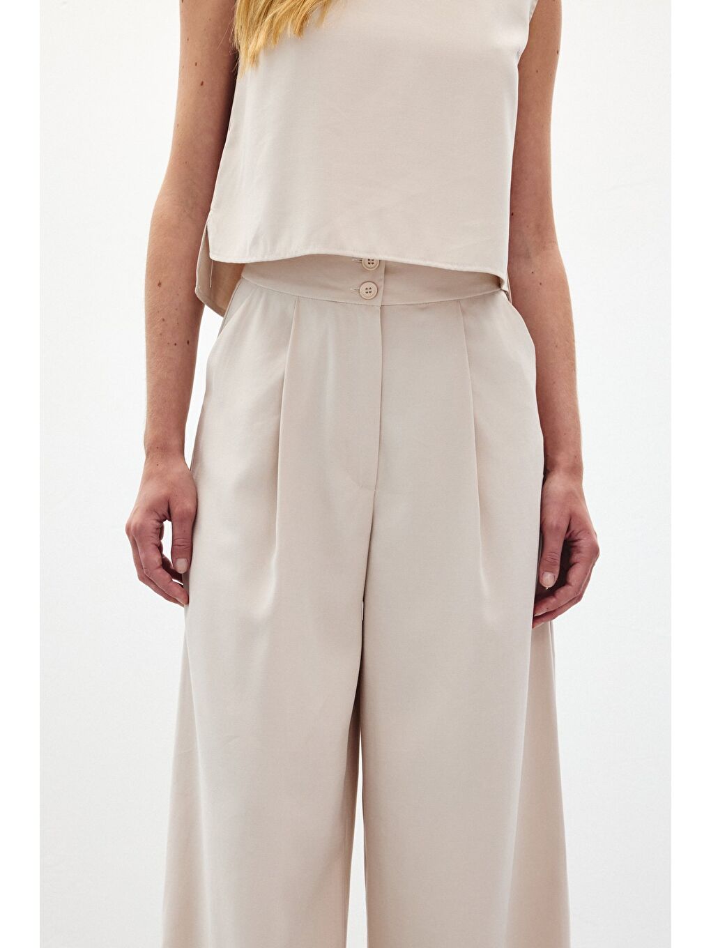 Bej Geniş Paça Pantolon - Taş-5