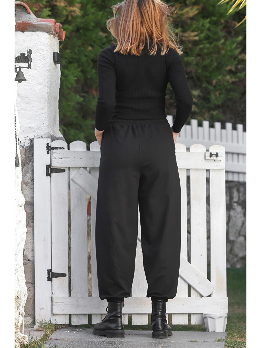 Siyah Cepli Lastikli Ve Bağlamalı Bel Lastikli Paça Casual Örme Pantolon 96 60-7