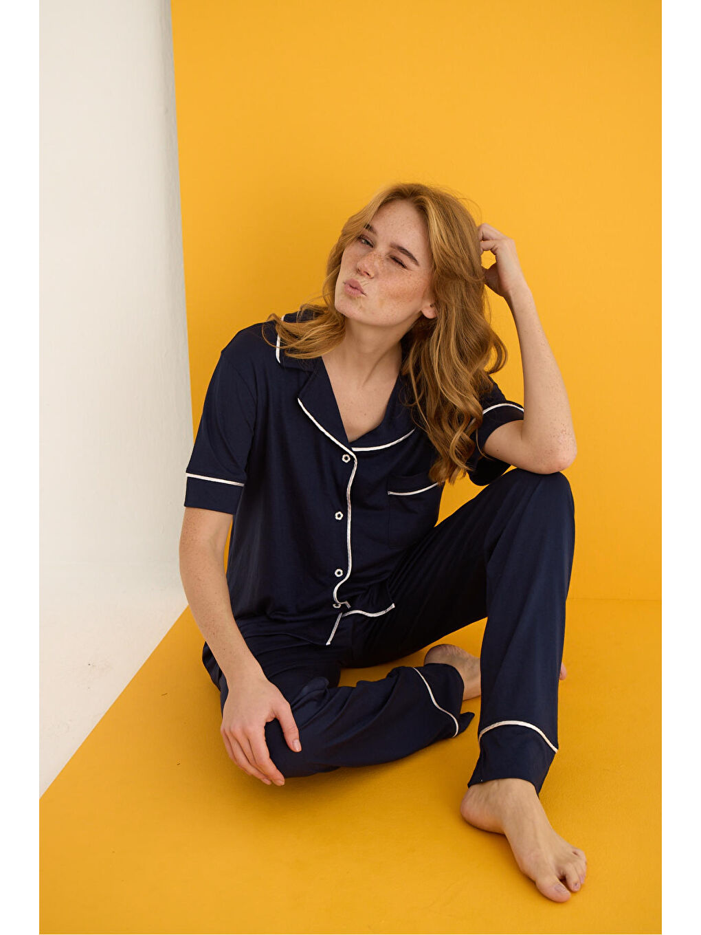 Lacivert Viskon Düğmeli Pijama Takımı 7041-3