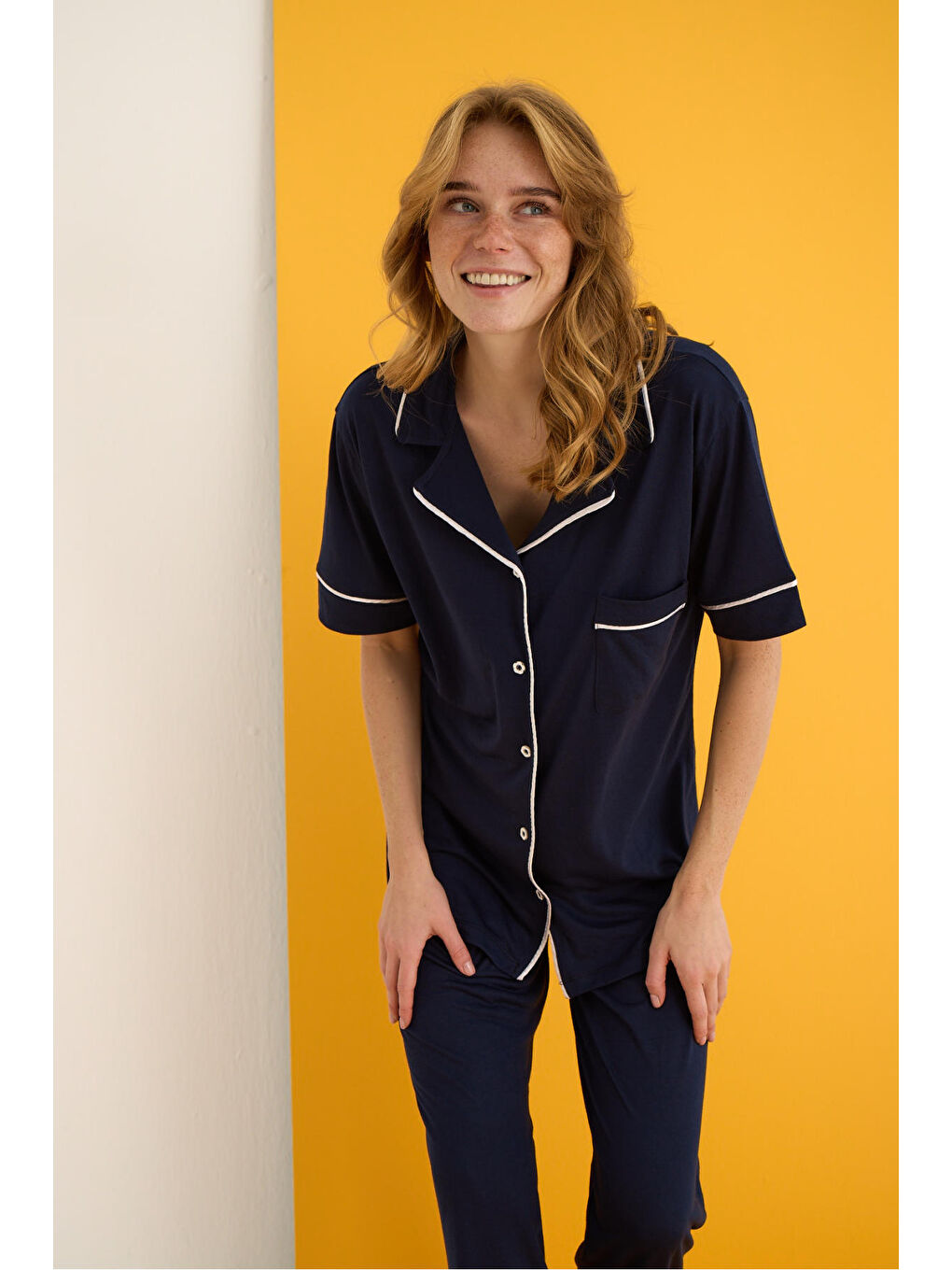 Lacivert Viskon Düğmeli Pijama Takımı 7041-3-1