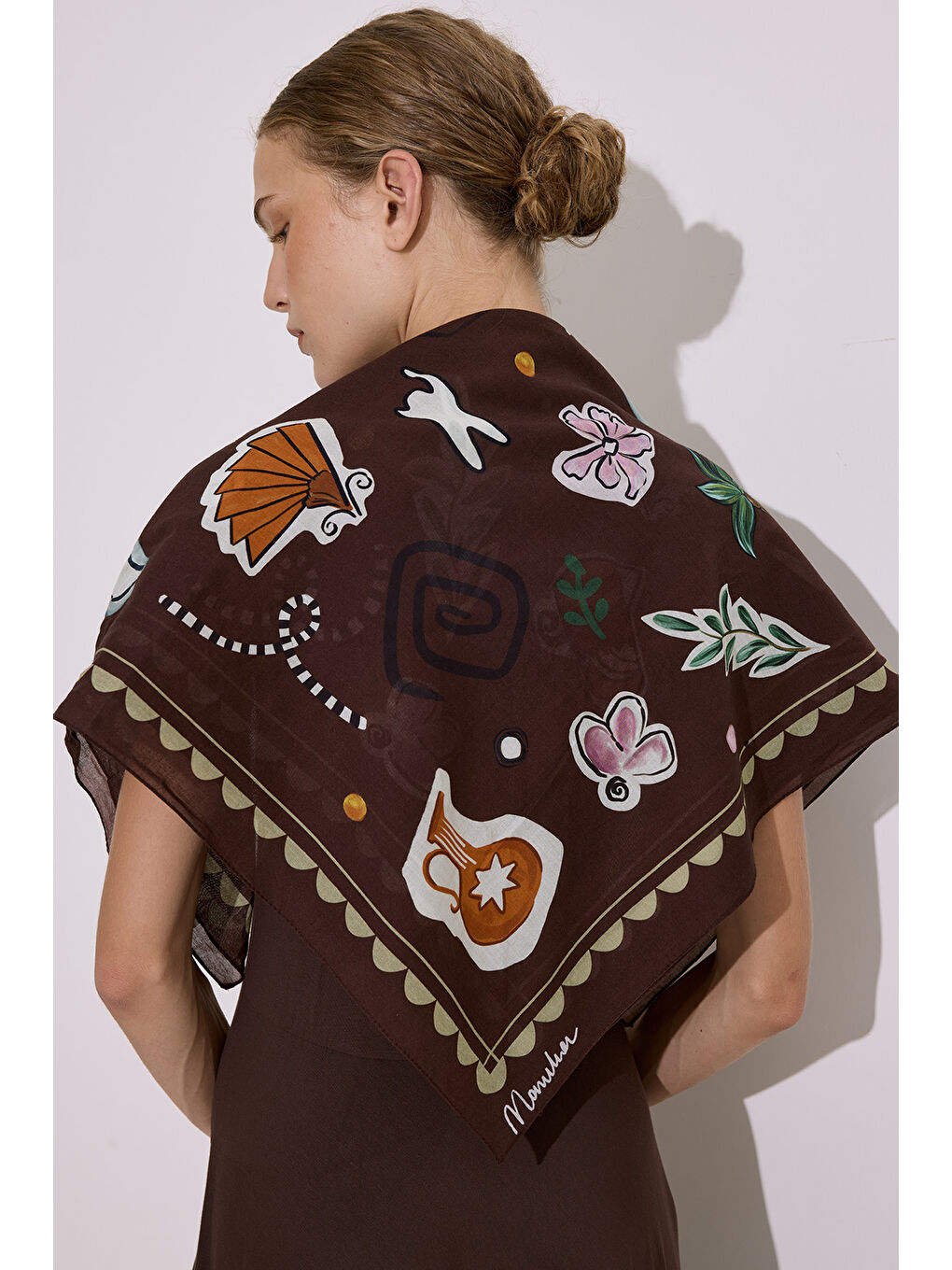 Kahverengi Desenli Pamuklu Fular Şal Lıberty Kahve-3