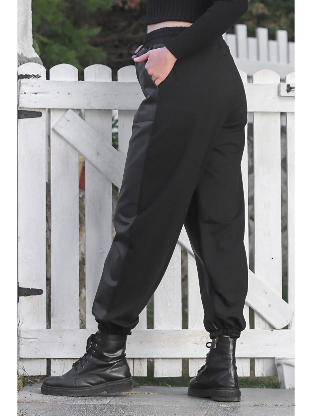 Siyah Cepli Lastikli Ve Bağlamalı Bel Lastikli Paça Casual Suni Deri Örme Pantolon 96 60-1