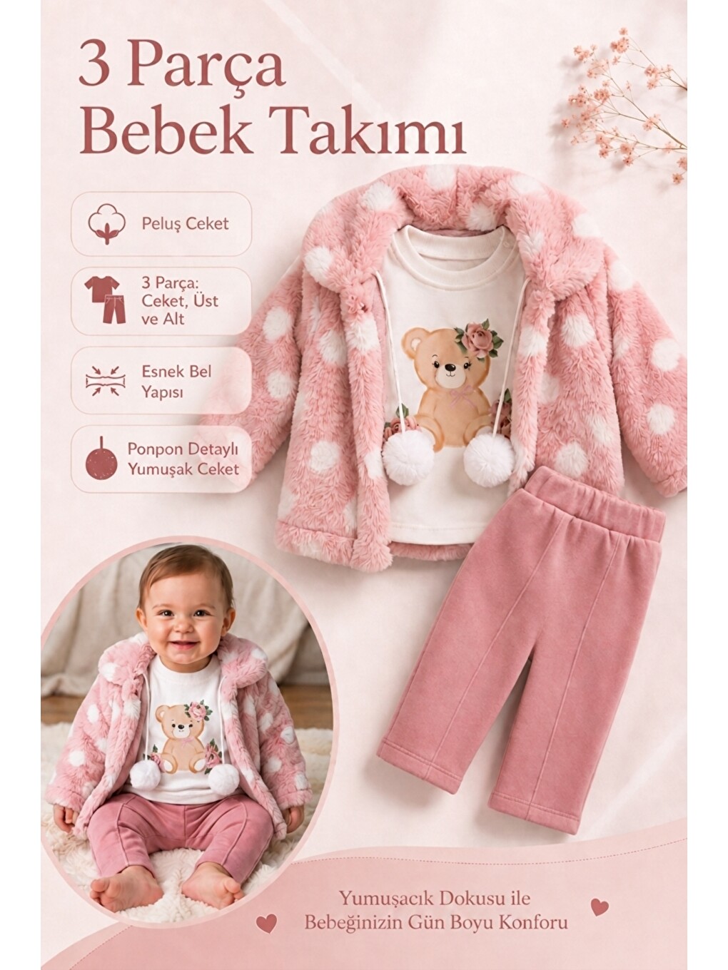 Pembe Minik Ayıcık Baskılı Puanlı Yumuşak Dokulu Pelüş Montlu 3 Lü Kız Bebek Set Takım Ak8534-1