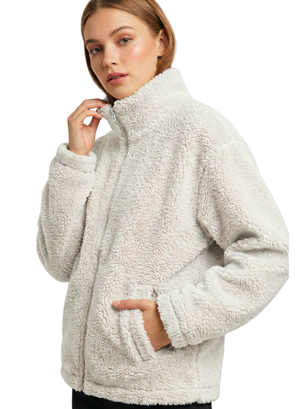 Ekru Kadın Pelüş Tam Fermuarlı Cepli Sherpa Kuzu Kumaş Oversize Pelüş Polar Sweatshirt