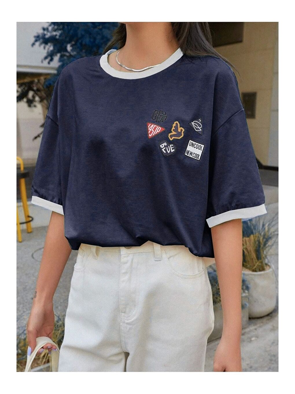 Uncool Parçalı Süprem T Shirt   Lacivert Beyaz Beyaz Oversize Bisiklet Yaka Kısa Kol Tişört