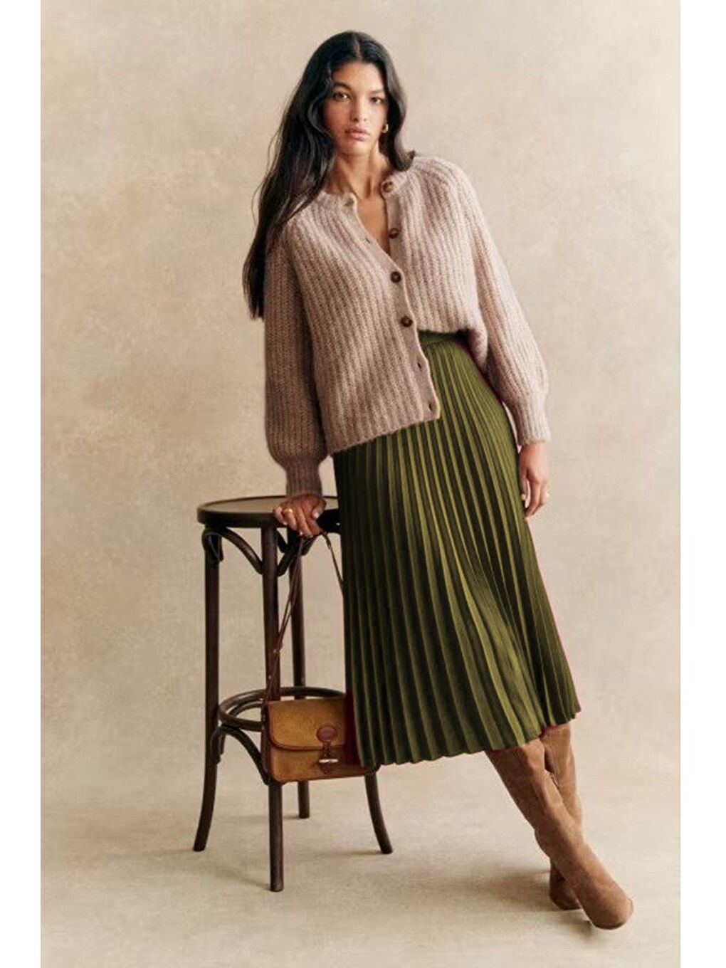 Haki Pileli Kemerli Uzun Süet Kadın Etek Mg2576-3