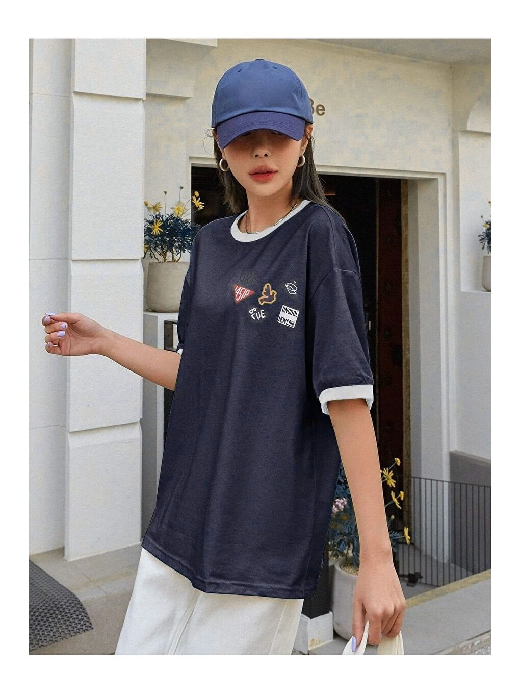 Uncool Parçalı Süprem T Shirt   Lacivert Beyaz Beyaz Oversize Bisiklet Yaka Kısa Kol Tişört-2