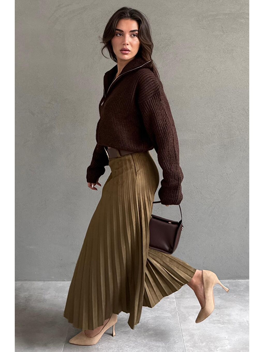 Haki Pileli Kemerli Uzun Süet Kadın Etek Mg2576-4