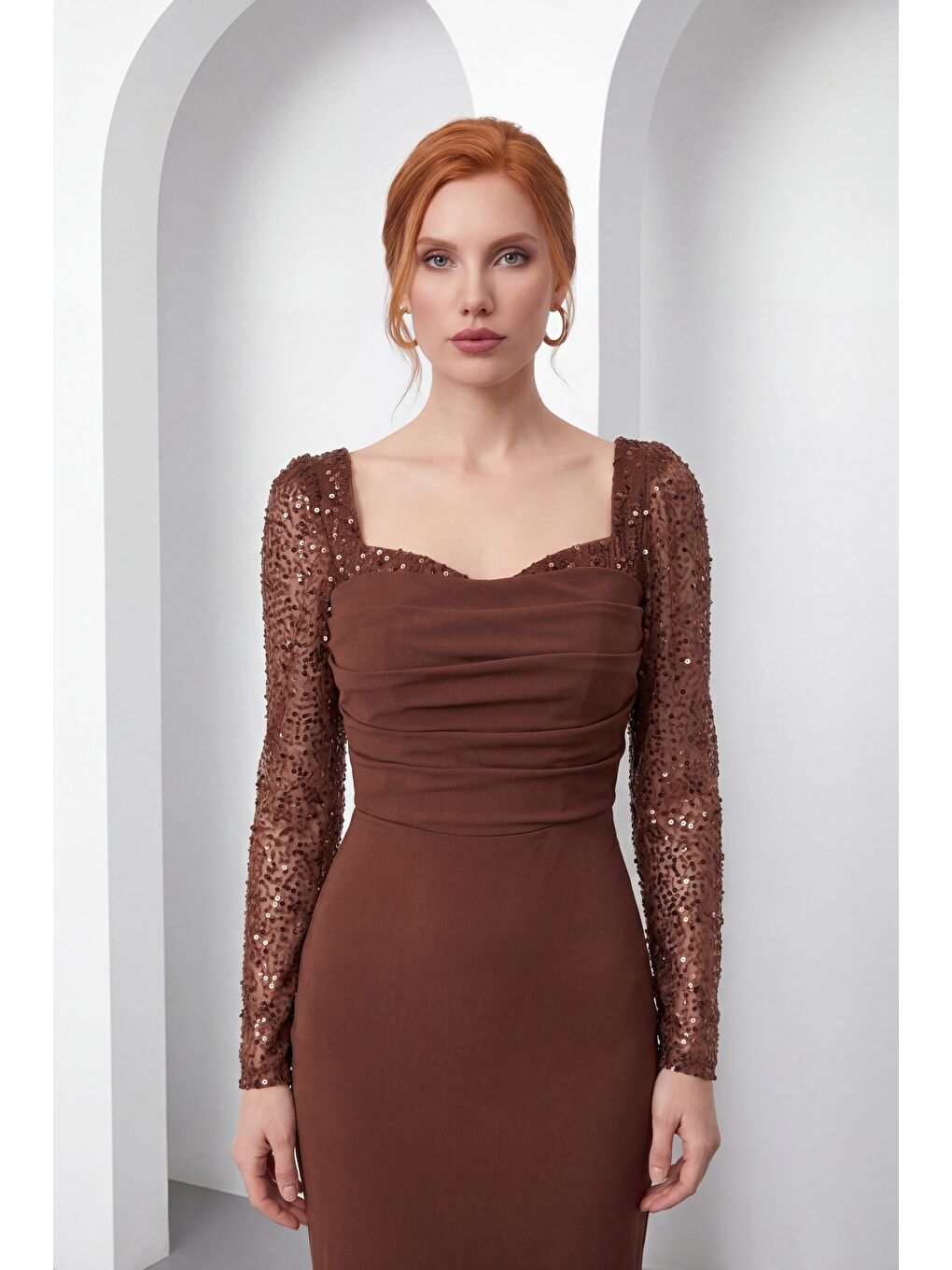 Kadın Kahverengi Dar Kalıp Kalp Yaka Kolları Payetli Söz Nişan Nikah Abiye-1