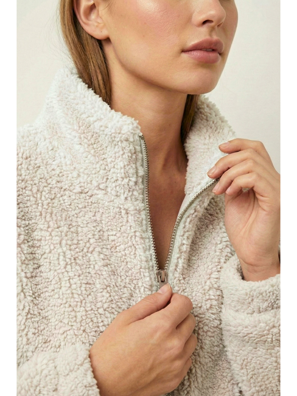 Ekru Kadın Pelüş Tam Fermuarlı Cepli Sherpa Kuzu Kumaş Oversize Pelüş Polar Sweatshirt-2