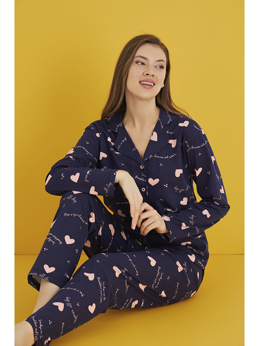 Lacivert Pamuklu Düğmeli Pijama Takım 451-38