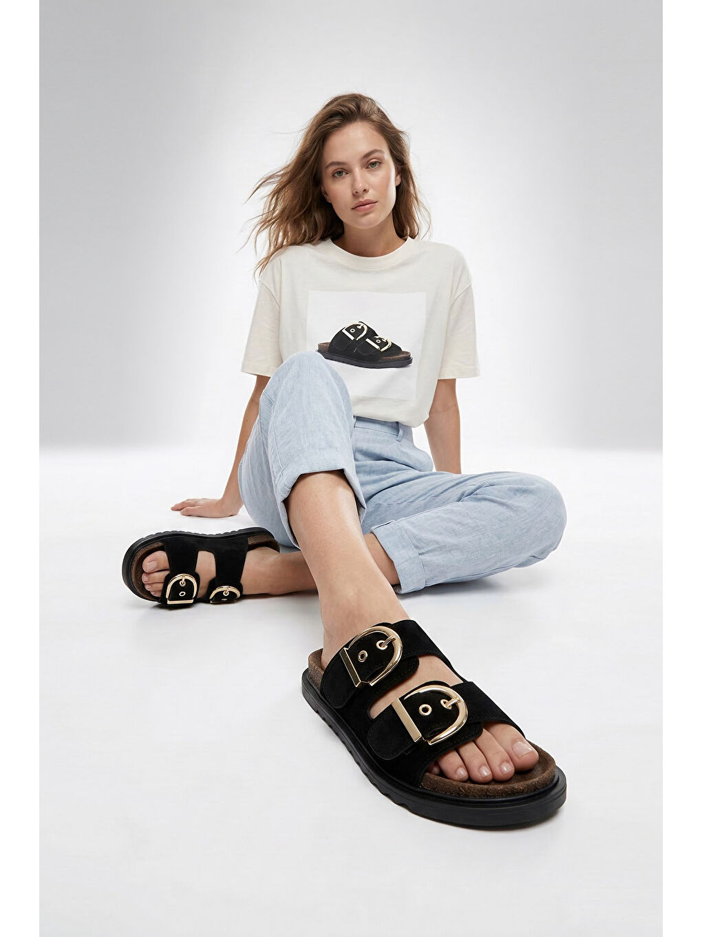 Siyah Kadın SİYAH MELANJ Çift Tokalı Terlik-2