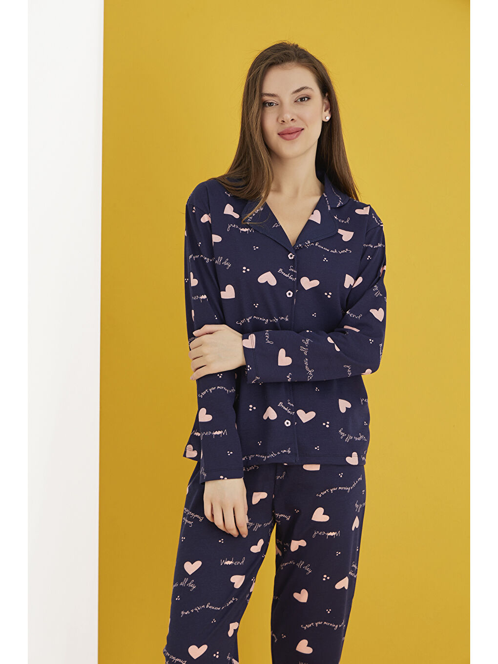 Lacivert Pamuklu Düğmeli Pijama Takım 451-38-1