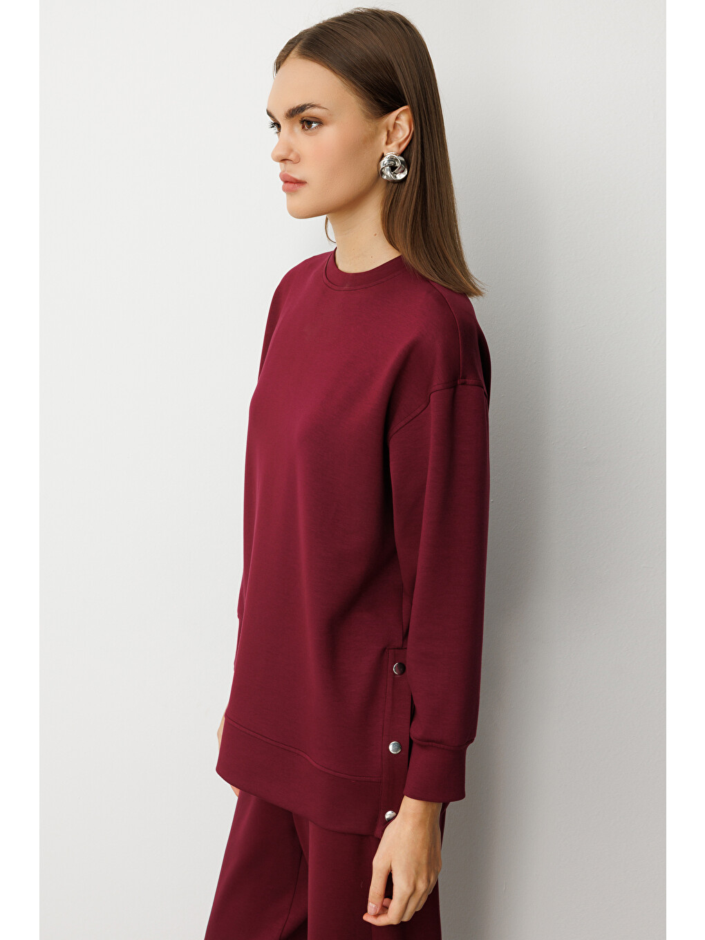 Çıtçıtlı Yumuşak Dokulu Mürdüm Spor Tunik-4