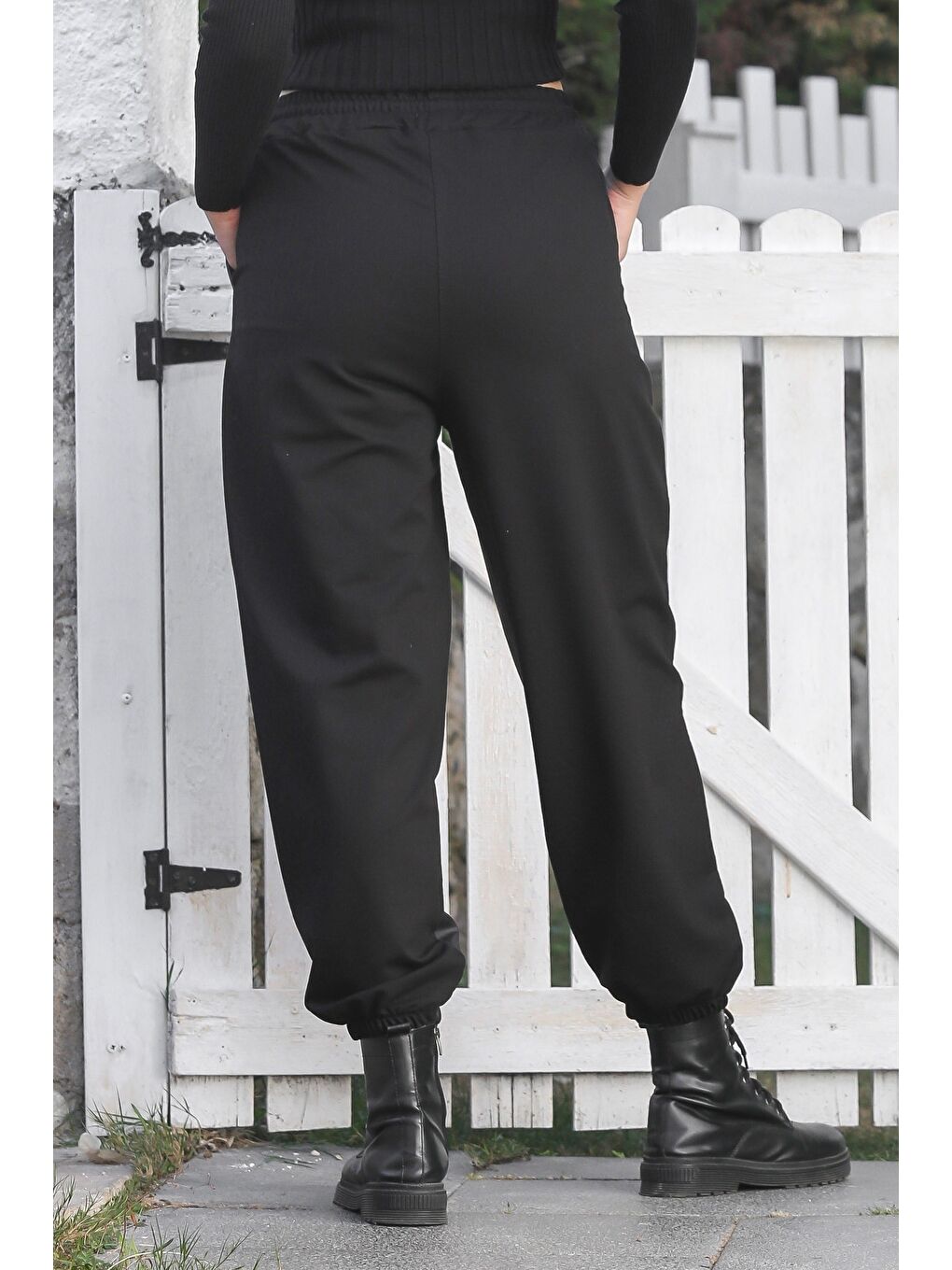 Siyah Cepli Lastikli Ve Bağlamalı Bel Lastikli Paça Casual Suni Deri Örme Pantolon 96 60-3