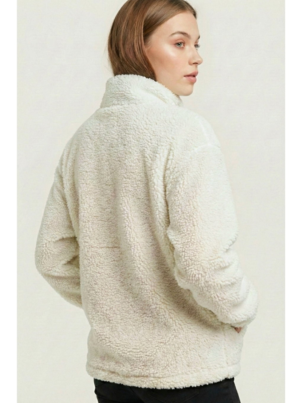 Ekru Kadın Pelüş Tam Fermuarlı Cepli Sherpa Kuzu Kumaş Oversize Pelüş Polar Sweatshirt-3