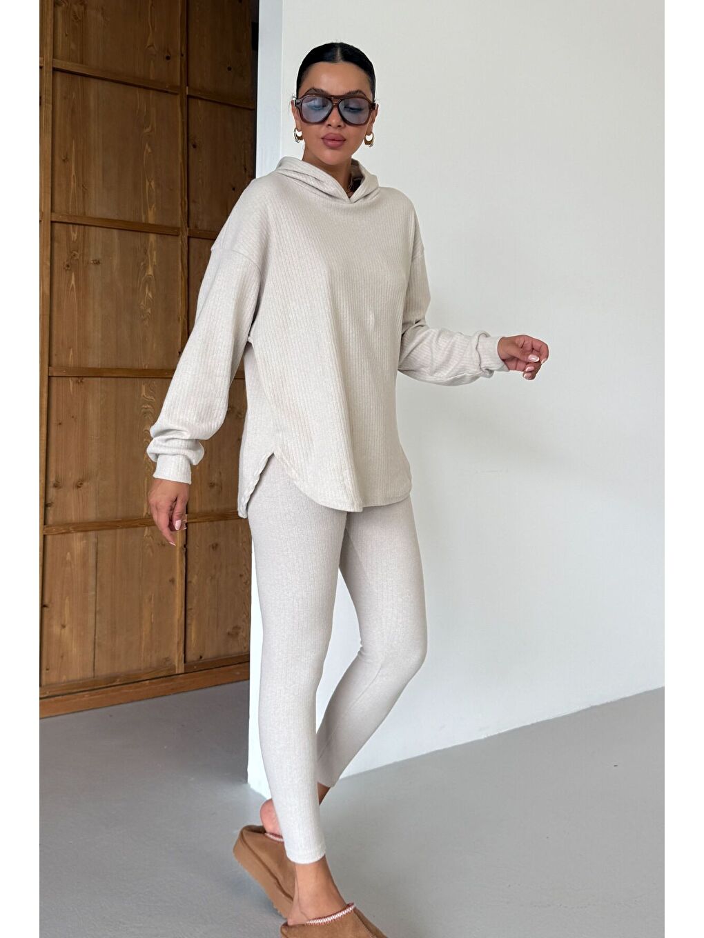 Kadın Bej Oval Bel Detay Fitilli Kapüşonlu Taytlı İnterlok Takım-4