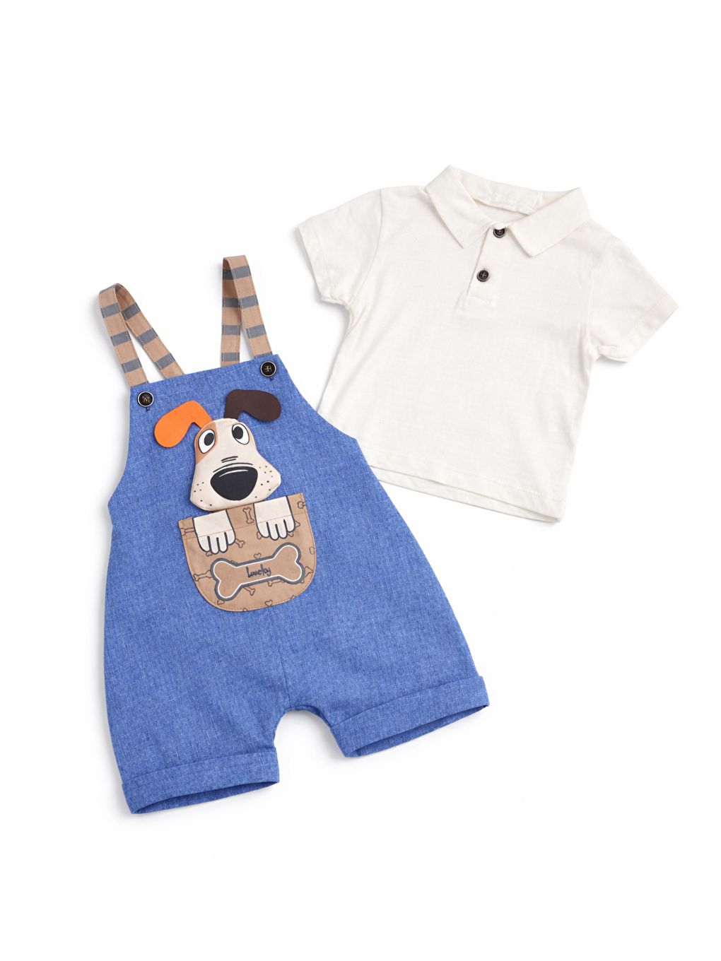 Mavi Erkek Bebek Hayvan Figürlü Salopet Tulum 2li Takım Keten Kumaş Pamuklu İç