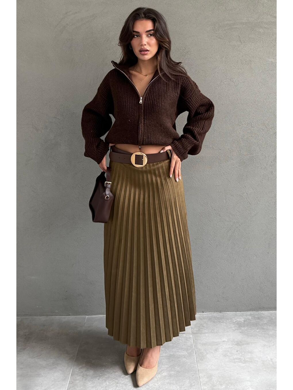 Haki Pileli Kemerli Uzun Süet Kadın Etek Mg2576-6