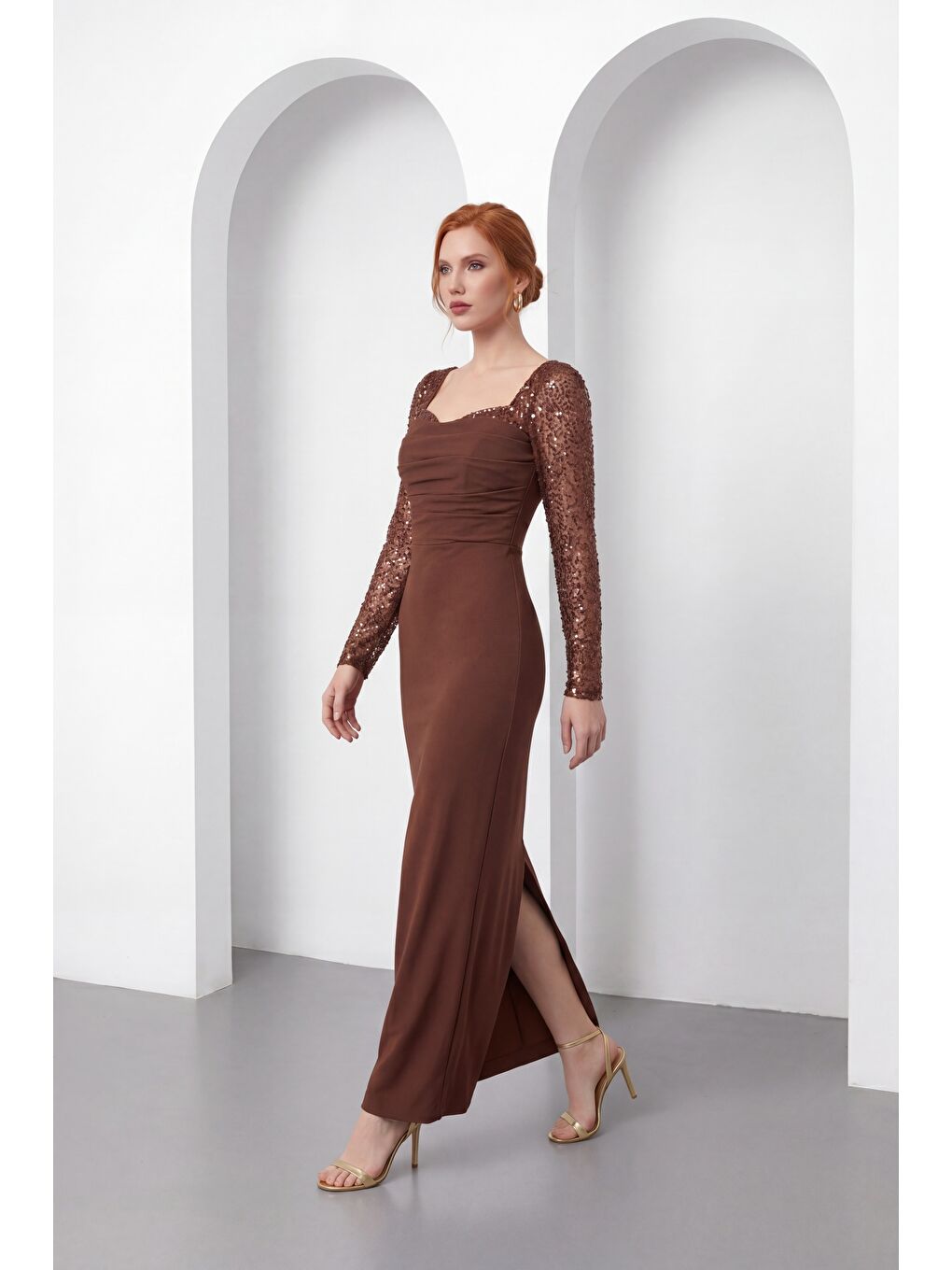 Kadın Kahverengi Dar Kalıp Kalp Yaka Kolları Payetli Söz Nişan Nikah Abiye-2