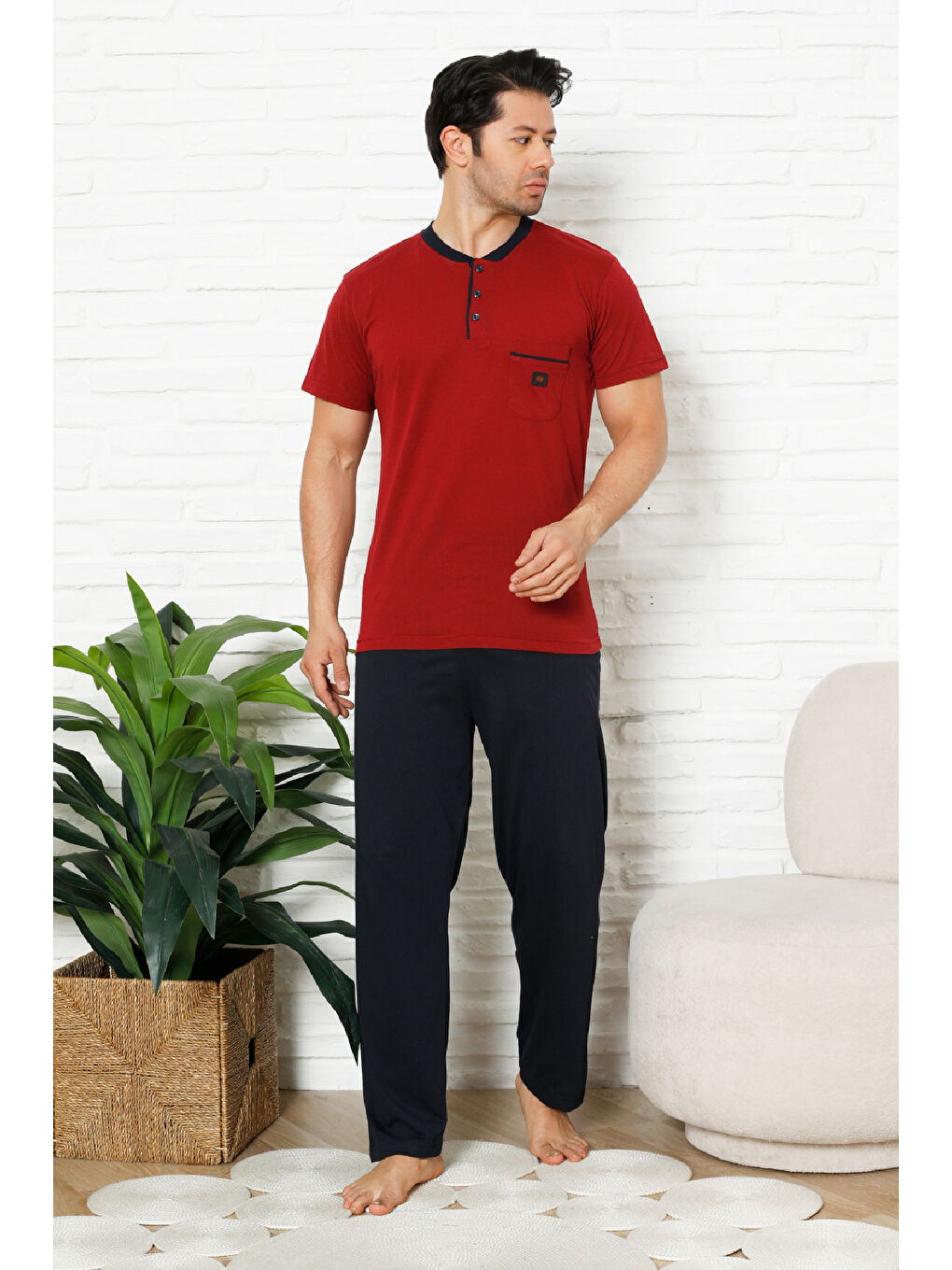 Bordo Erkek %100 Pamuklu Pijama Takımı-3 Düğmeli-Yaka Cepli 12384