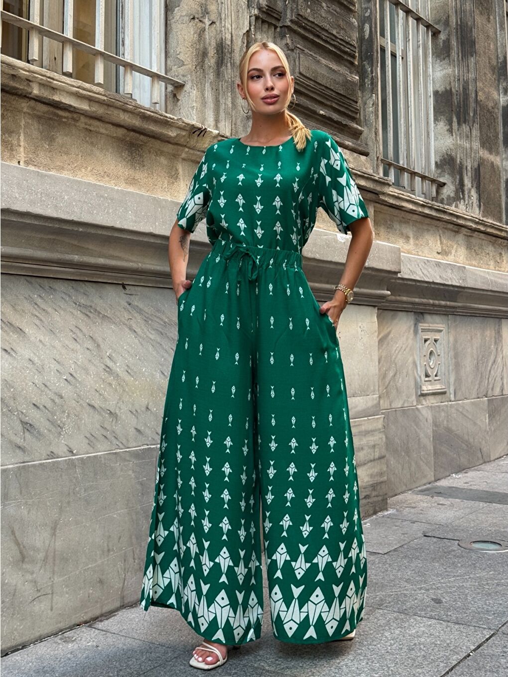 Yeşil Viskon Kumaş Desenli Bol Paça Alt Üst Takım-4