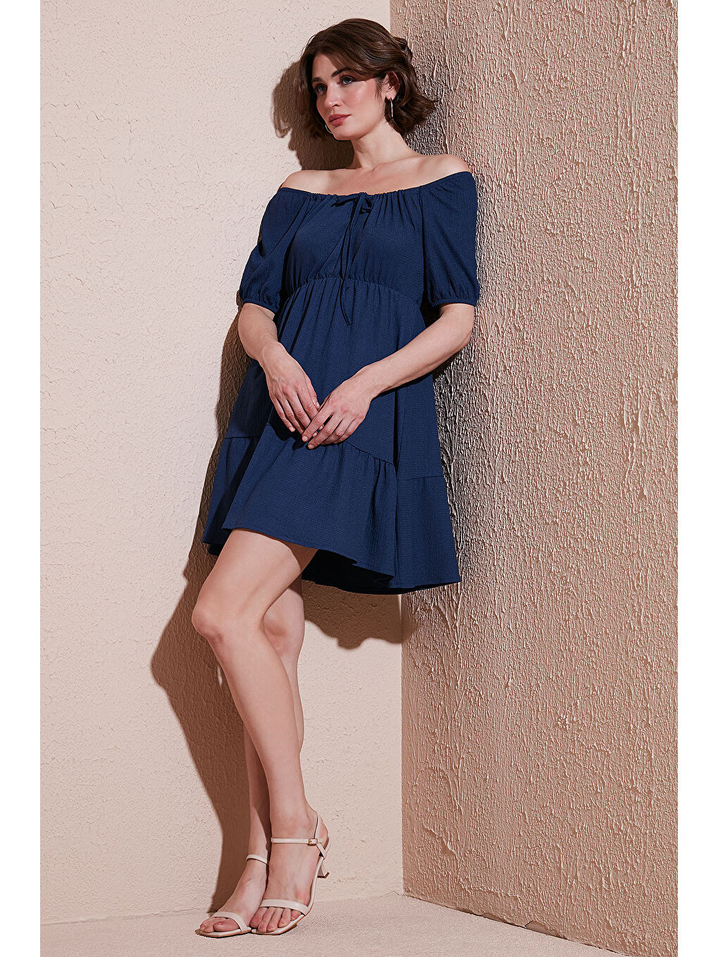 İndigo Önü Büzgülü Balon Kollu Mini Elbise 5869005