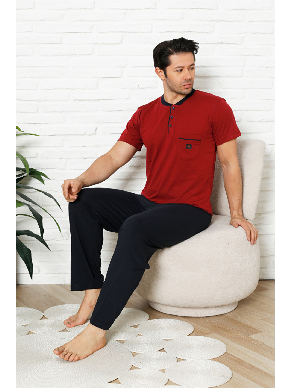 Bordo Erkek %100 Pamuklu Pijama Takımı-3 Düğmeli-Yaka Cepli 12384-1