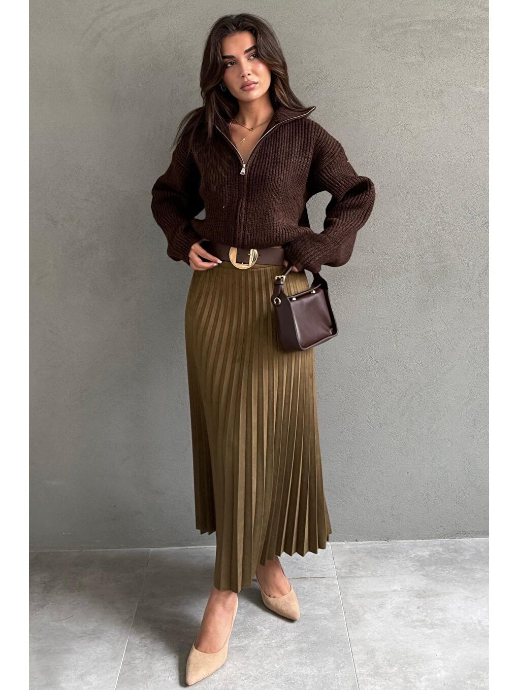 Haki Pileli Kemerli Uzun Süet Kadın Etek Mg2576-7