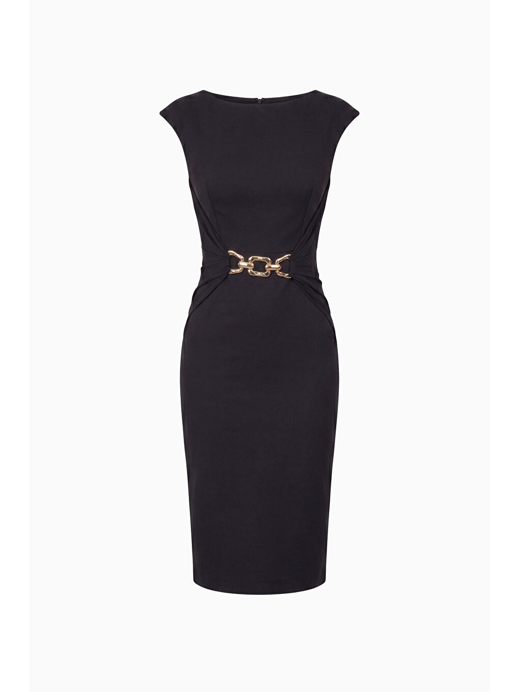 Kadın Siyah Bisiklet Yaka Aksesuar Detay Midi Davet Elbisesi-6