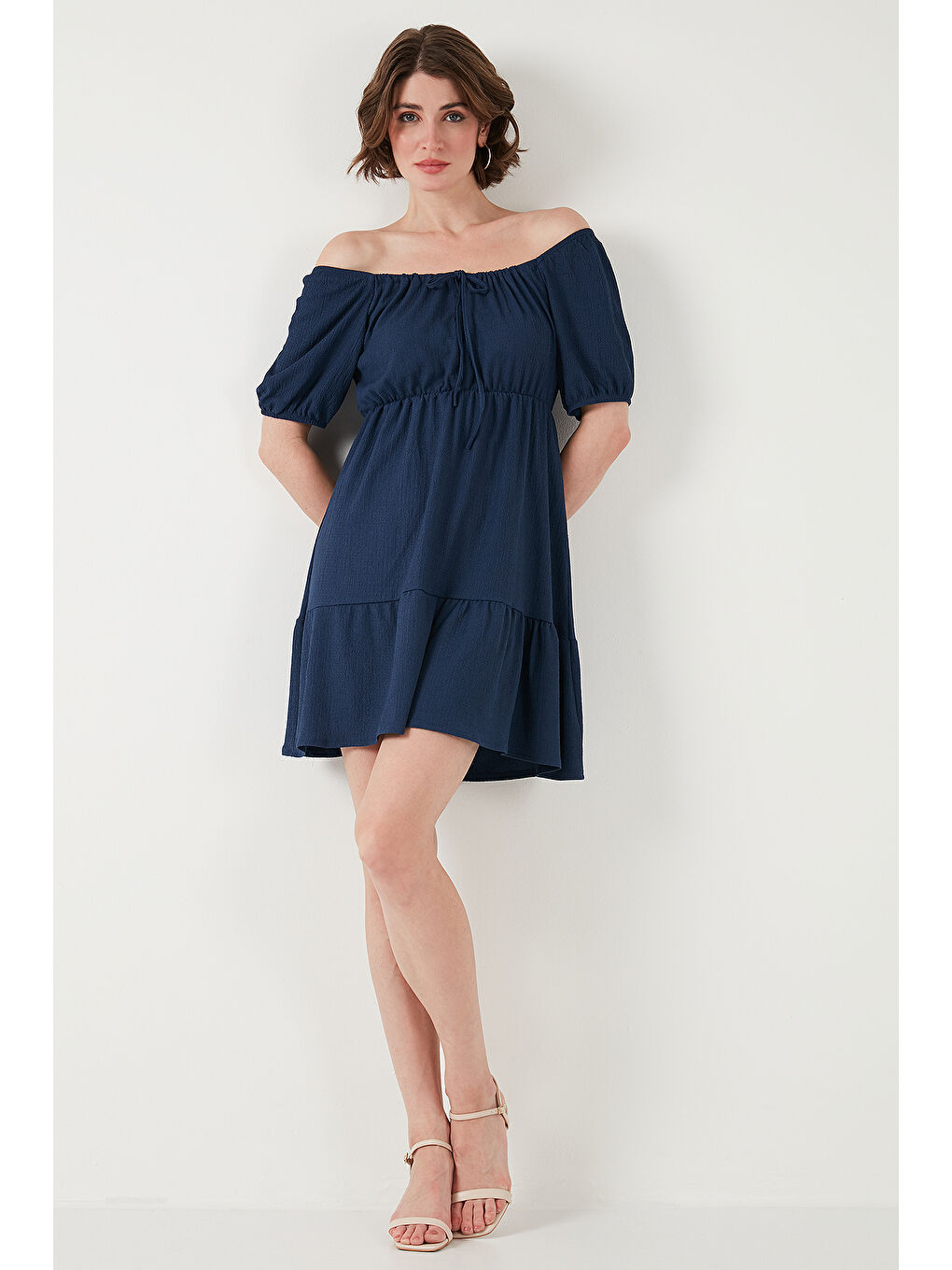İndigo Önü Büzgülü Balon Kollu Mini Elbise 5869005-2