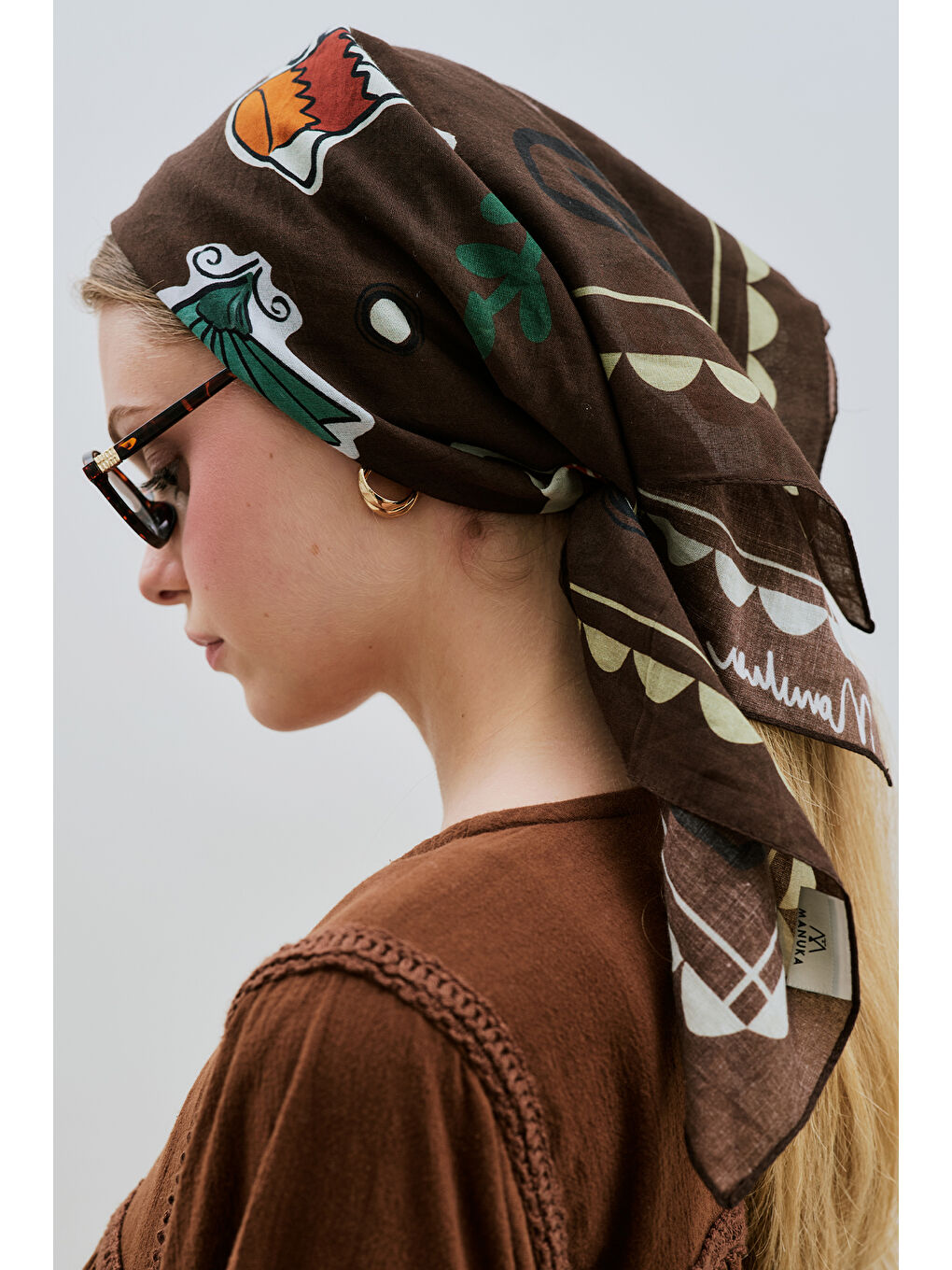 Kahverengi Desenli Pamuklu Fular Şal Lıberty Kahve-7