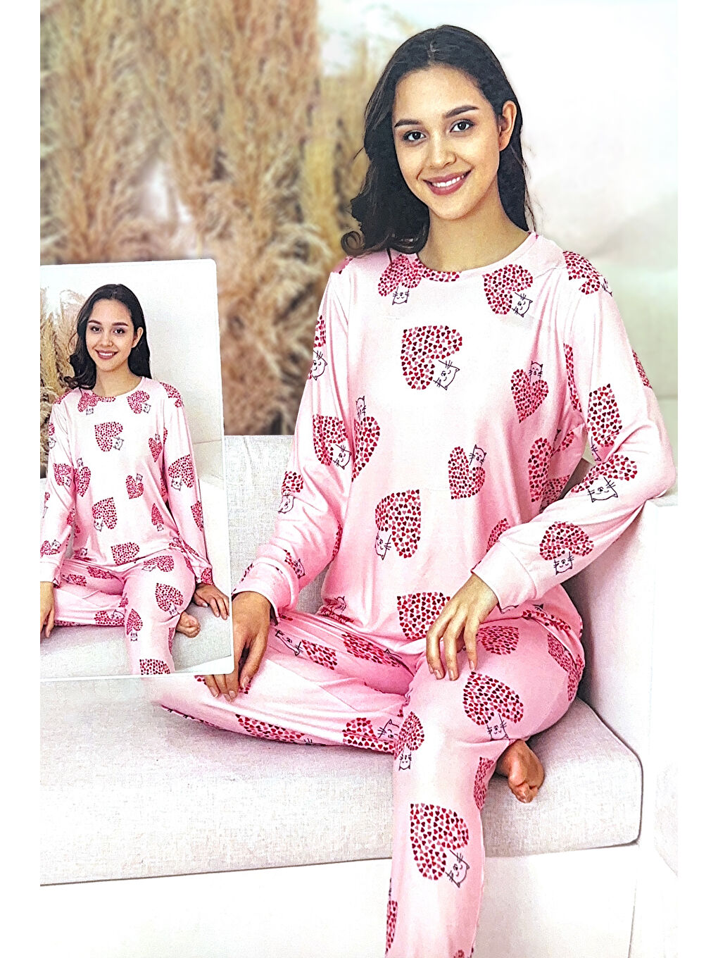 Kadın Kalp Desenli Comfort Pijama Takımı 0509 Pembe-1