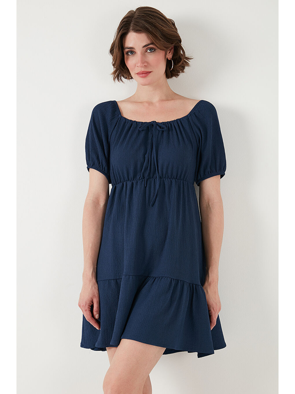 İndigo Önü Büzgülü Balon Kollu Mini Elbise 5869005-3