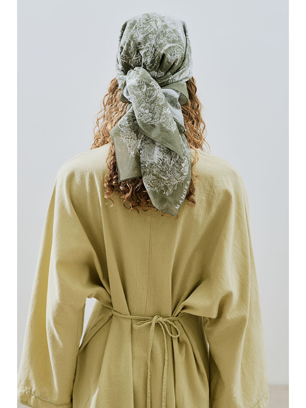 Yeşil Desenli Pamuklu Fular Şal Agatha Bej-2