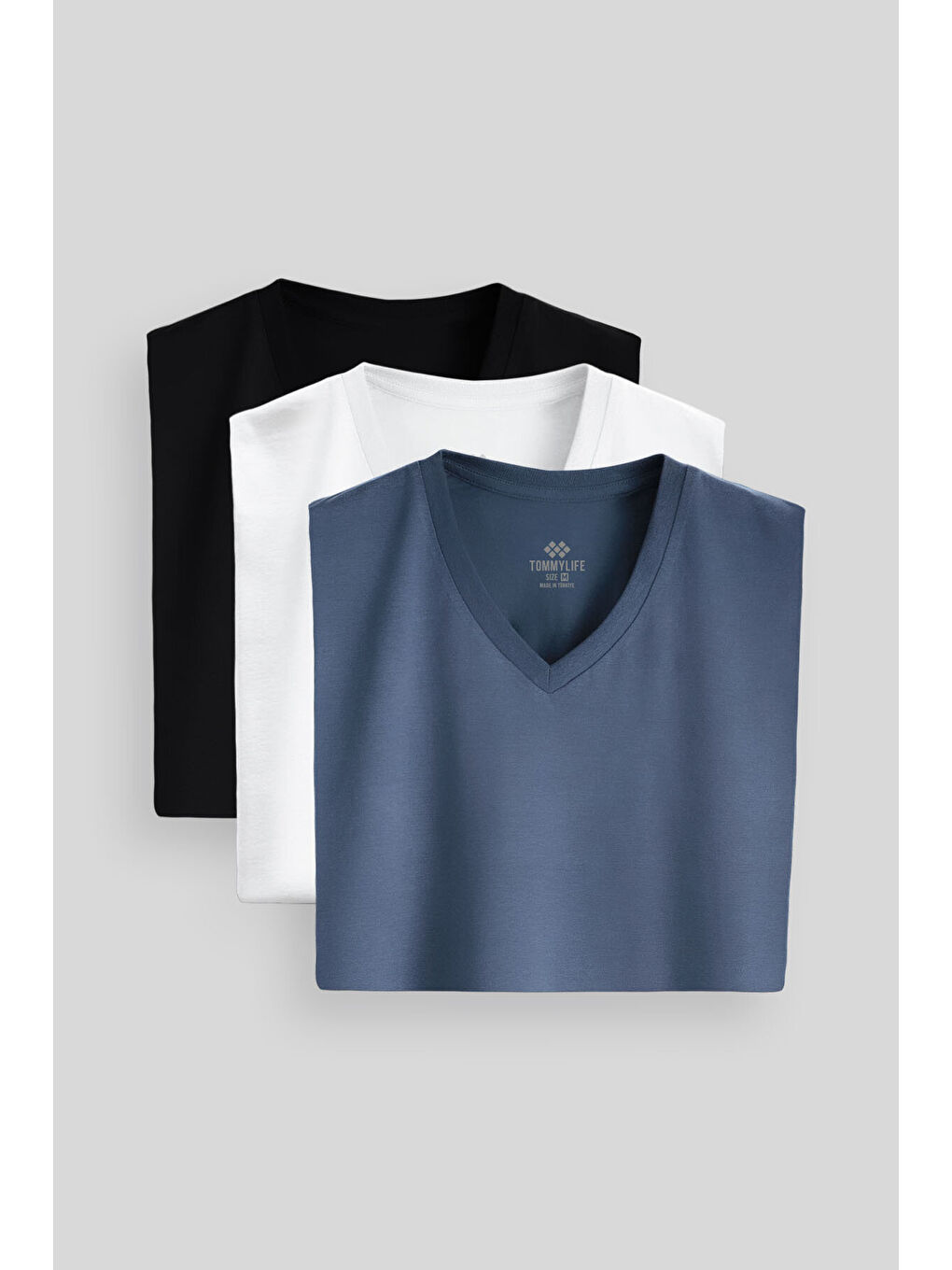Standart Fit Basic V Yaka 3lü Paket Siyah-Beyaz-Petrol Erkek T-Shirt 87912-1