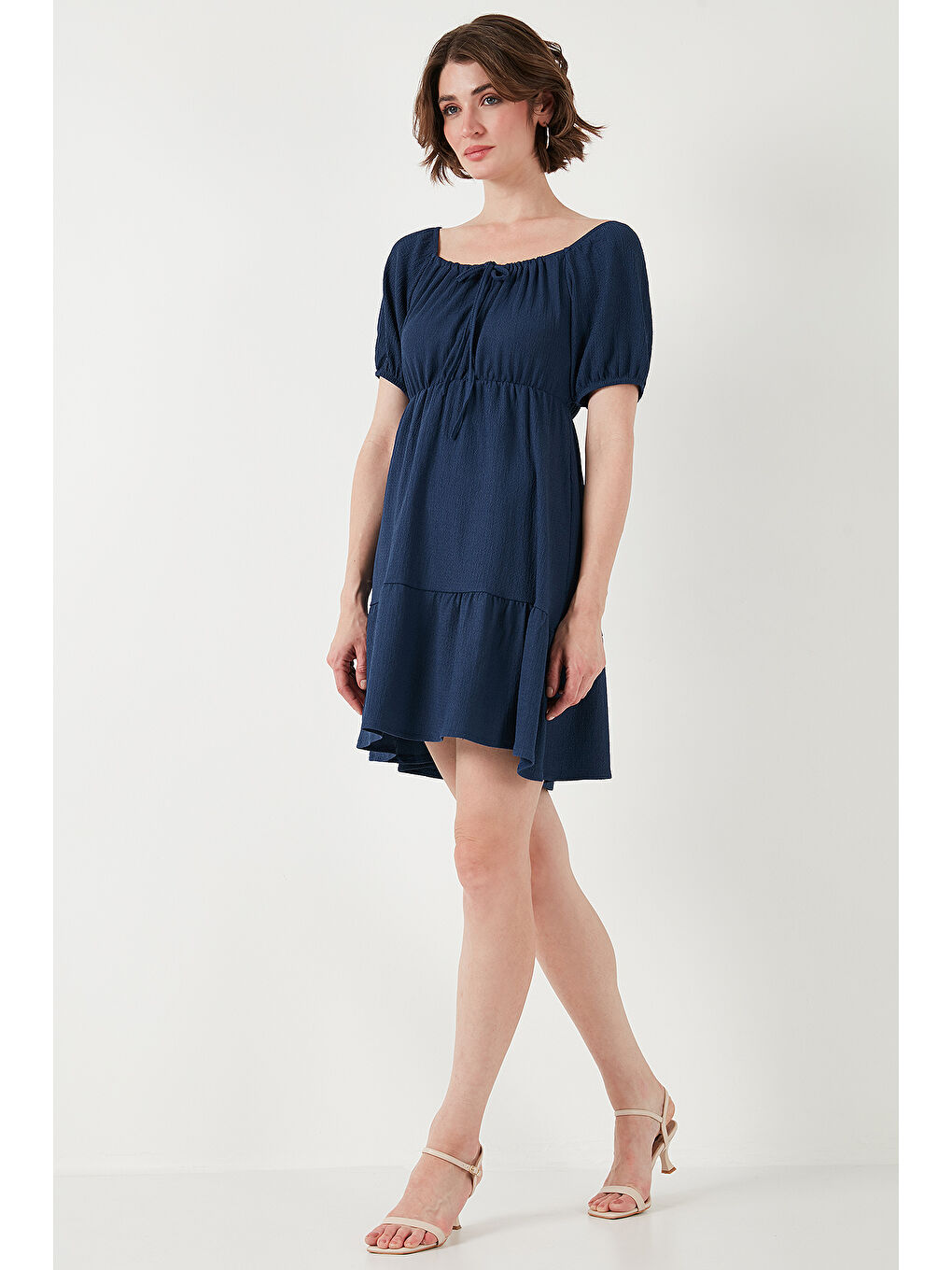 İndigo Önü Büzgülü Balon Kollu Mini Elbise 5869005-4