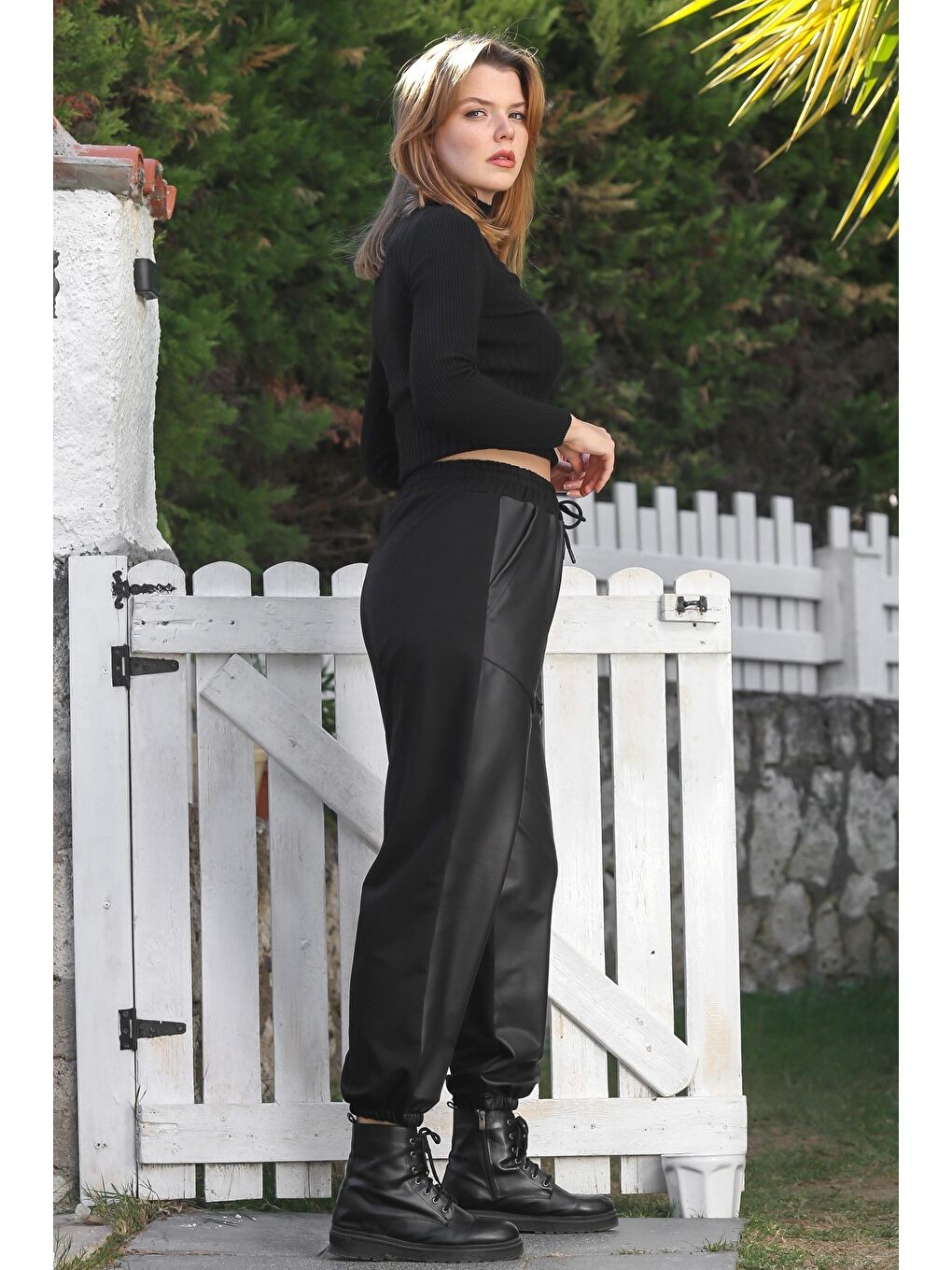 Siyah Cepli Lastikli Ve Bağlamalı Bel Lastikli Paça Casual Suni Deri Örme Pantolon 96 60-6