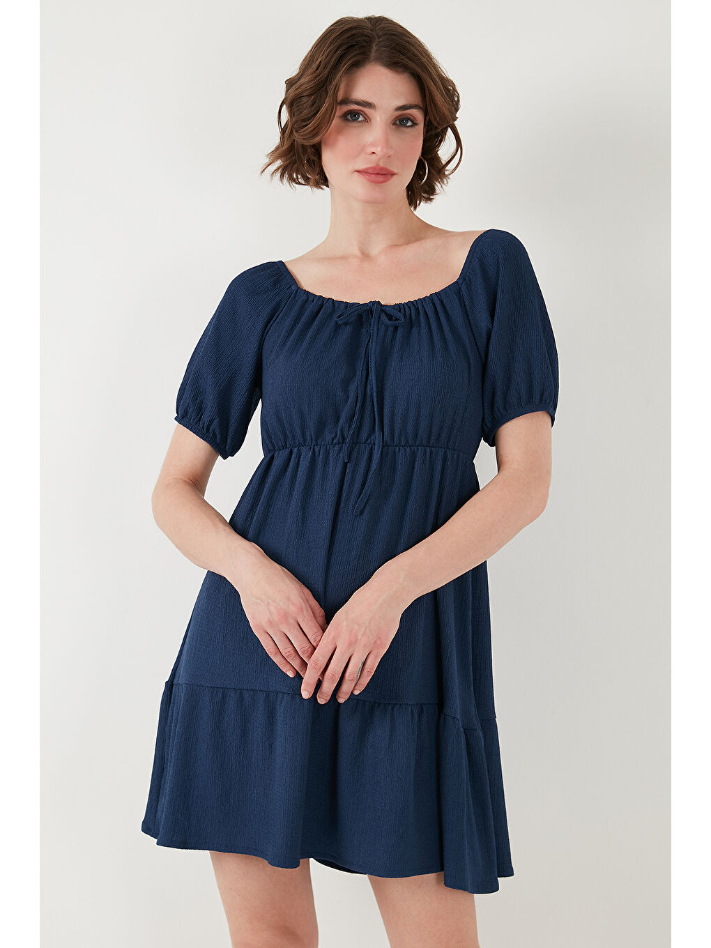 İndigo Önü Büzgülü Balon Kollu Mini Elbise 5869005-5