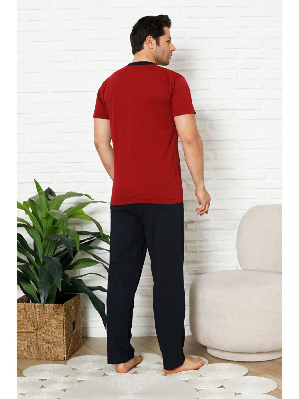 Bordo Erkek %100 Pamuklu Pijama Takımı-3 Düğmeli-Yaka Cepli 12384-3