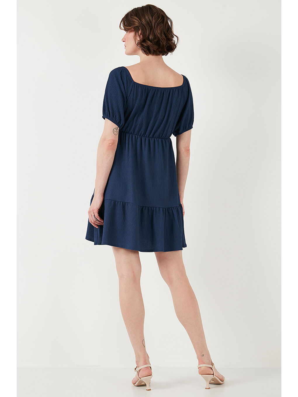 İndigo Önü Büzgülü Balon Kollu Mini Elbise 5869005-6
