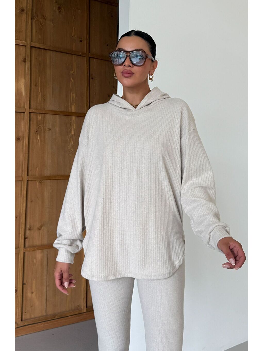 Kadın Bej Oval Bel Detay Fitilli Kapüşonlu Taytlı İnterlok Takım-5