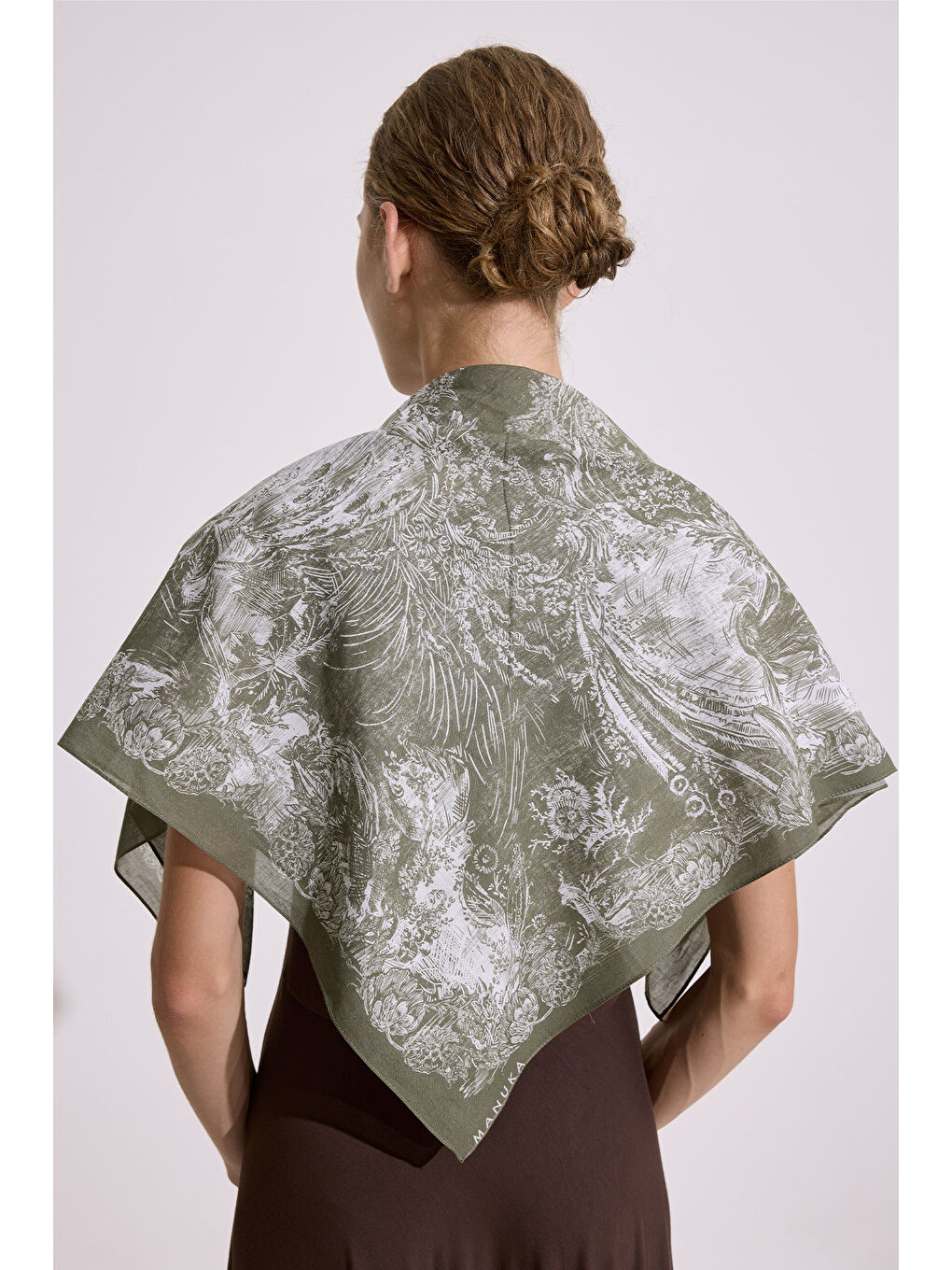 Yeşil Desenli Pamuklu Fular Şal Agatha Bej-3