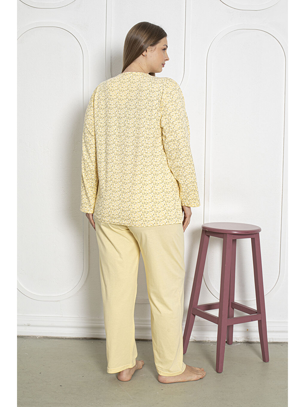 Sarı %100 Pamuklu Uzun Kollu Boydan Düğmeli Büyük Beden Kadın Pijama Takımı 206-4