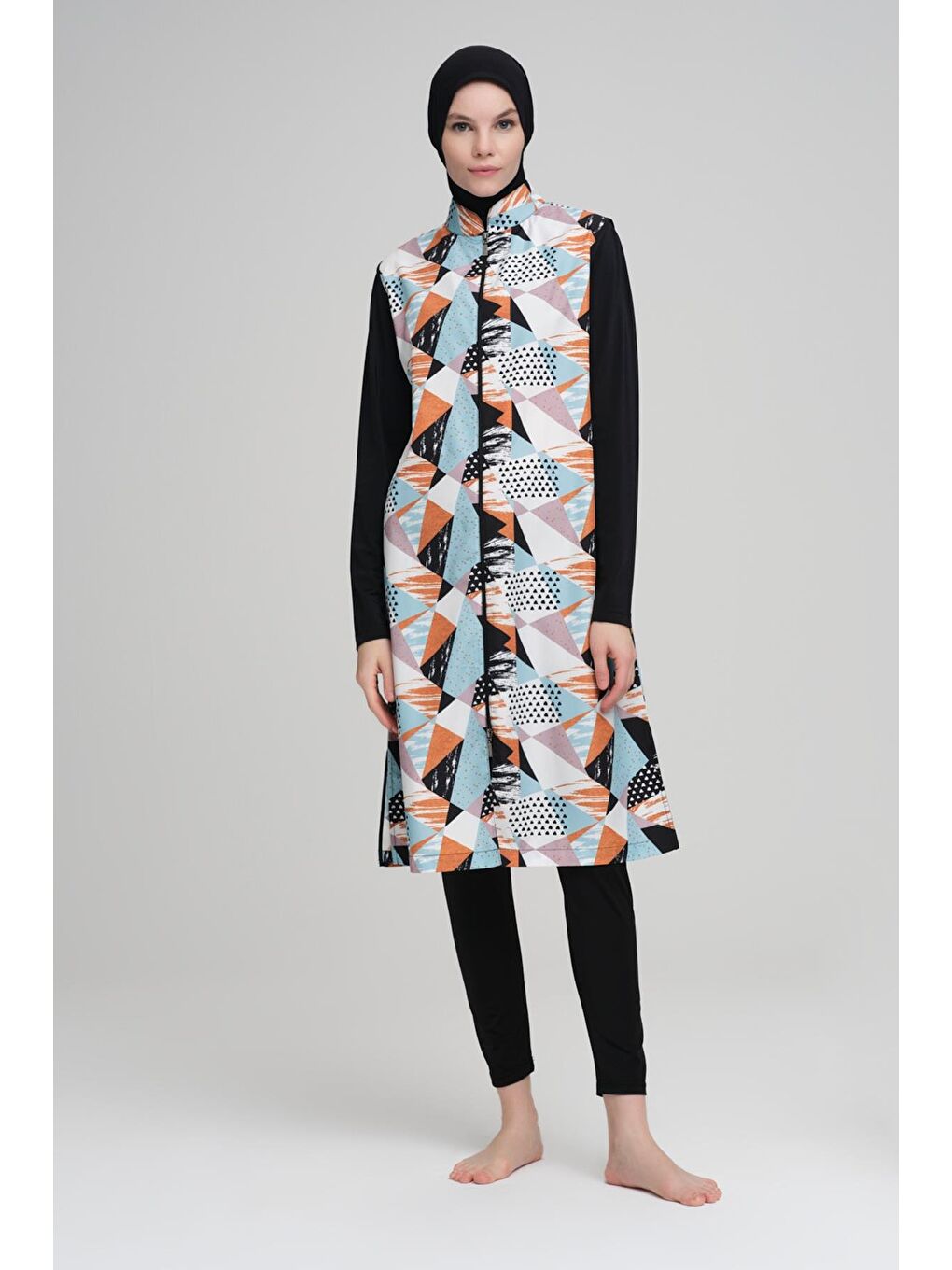 Lacivert Turuncu Mavi Desenli Siyah Jileli 3 Parça Tam Tesettür Mayo Takımı 2216